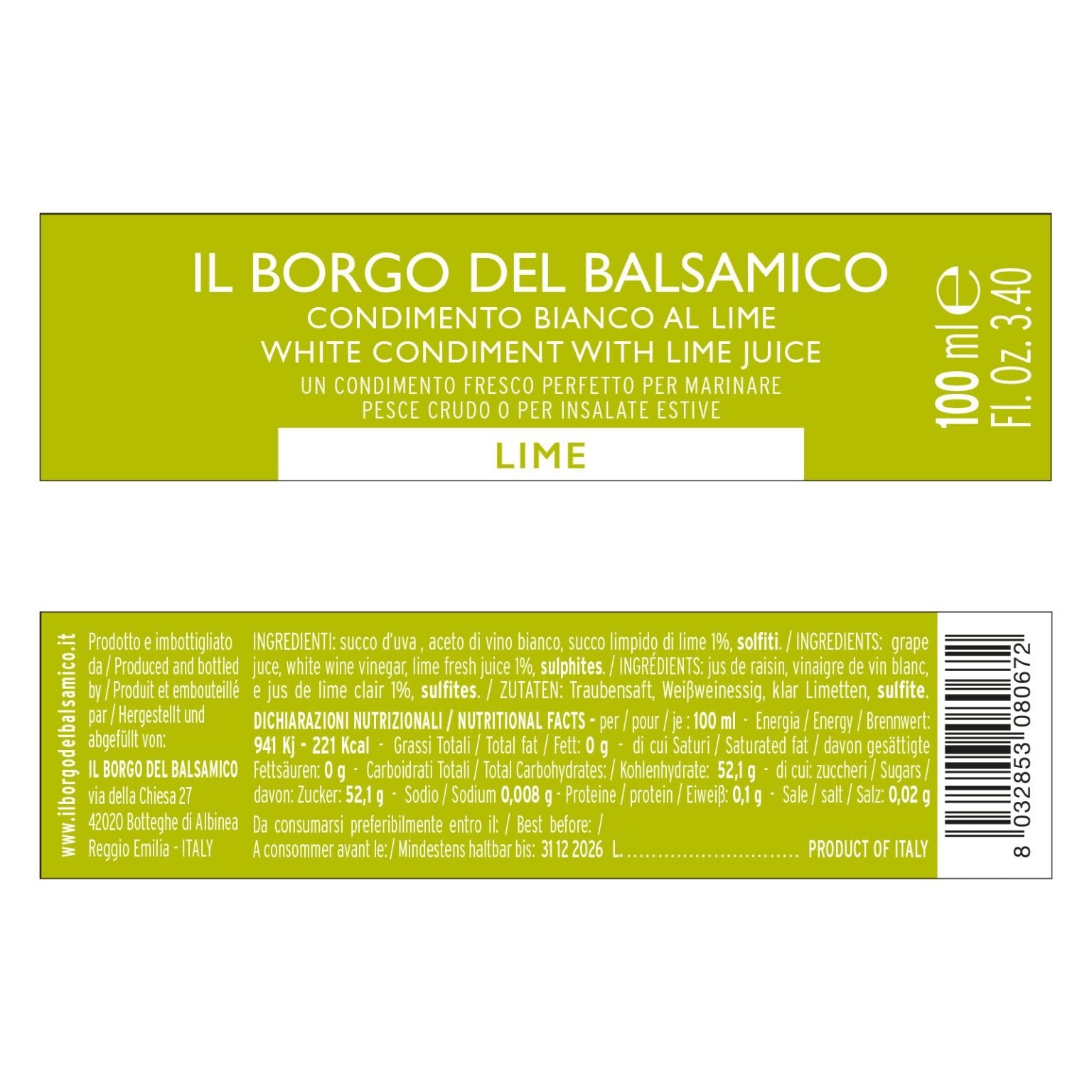 Il Borgo del Balsamico Lime White Vinegar Condiment 100ml Feast Italy