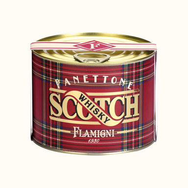 iscover Flamigni Scotch Whisky Panettone 350g Tin, a luxury Italian Christmas cake with Scotch whisky cream and a caramelised white chocolate base, presented in a decorative gift tin.