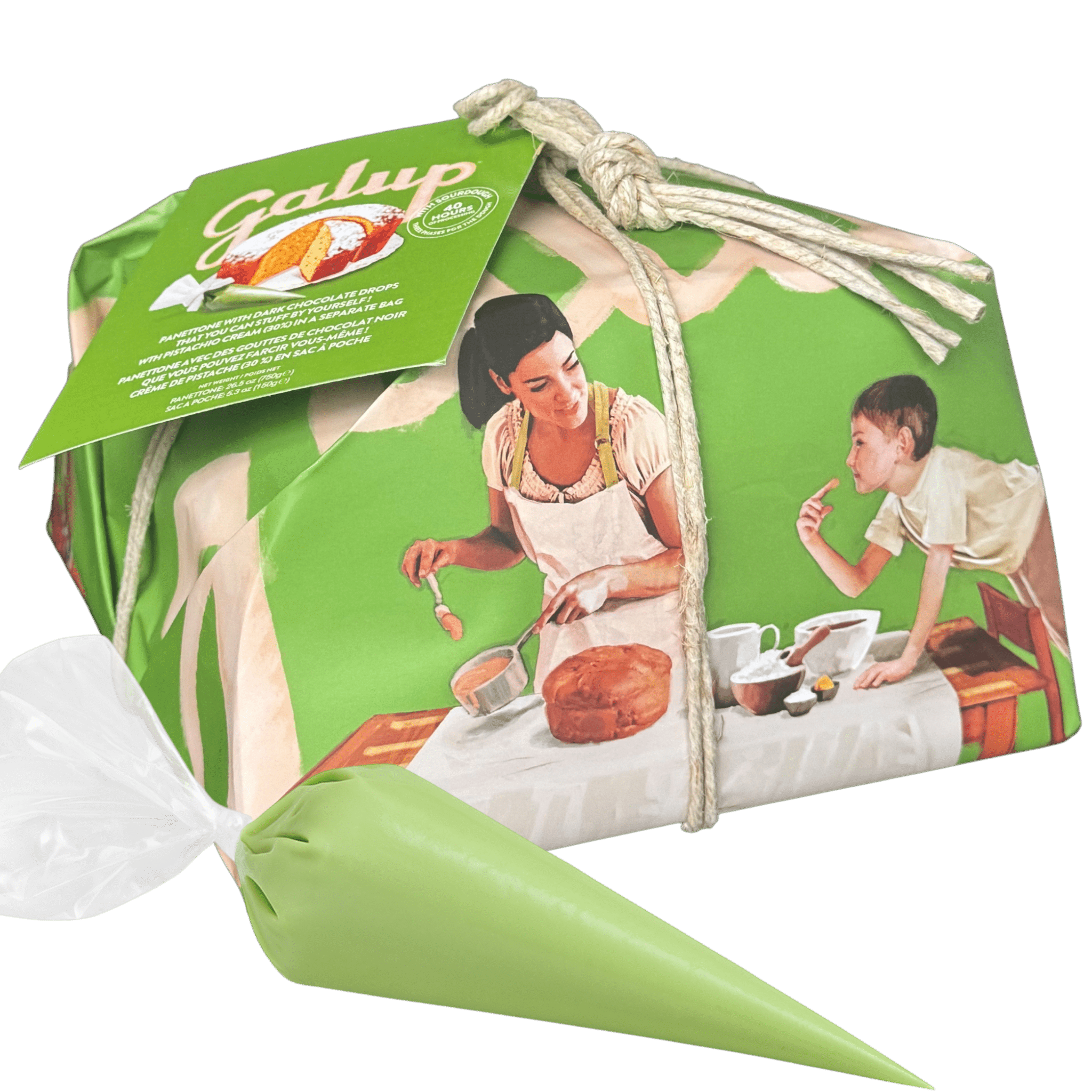 Galup Panettone with Dark Chocolate Drops & Piping Bag of Pistachio Cream 900g Feast Italy