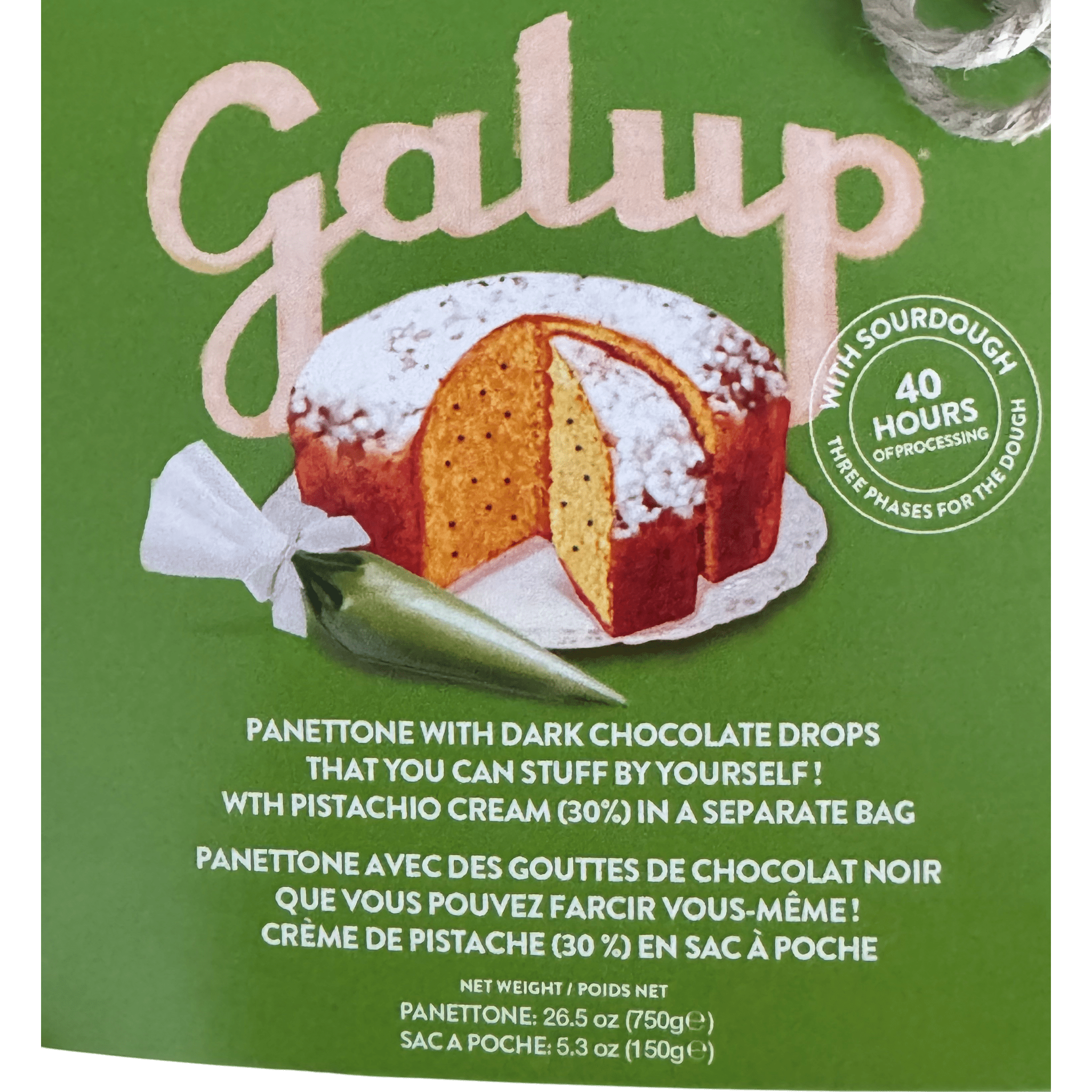Galup Panettone with Dark Chocolate Drops & Piping Bag of Pistachio Cream 900g Feast Italy