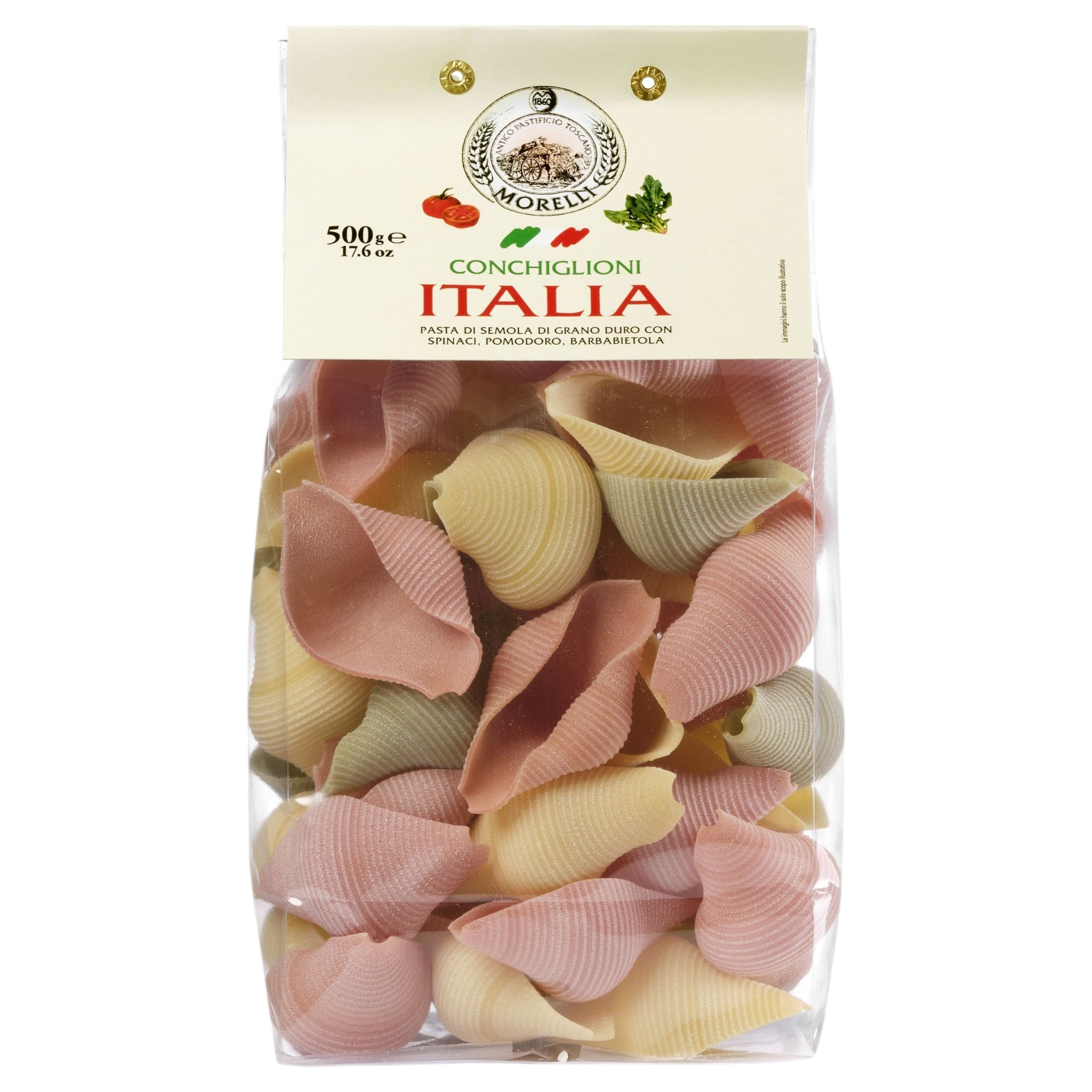 Pasta Morelli Conchiglioni Tricolori – Spinach, Tomato & Beet Pasta – Tuscany – 500g Feast Italy