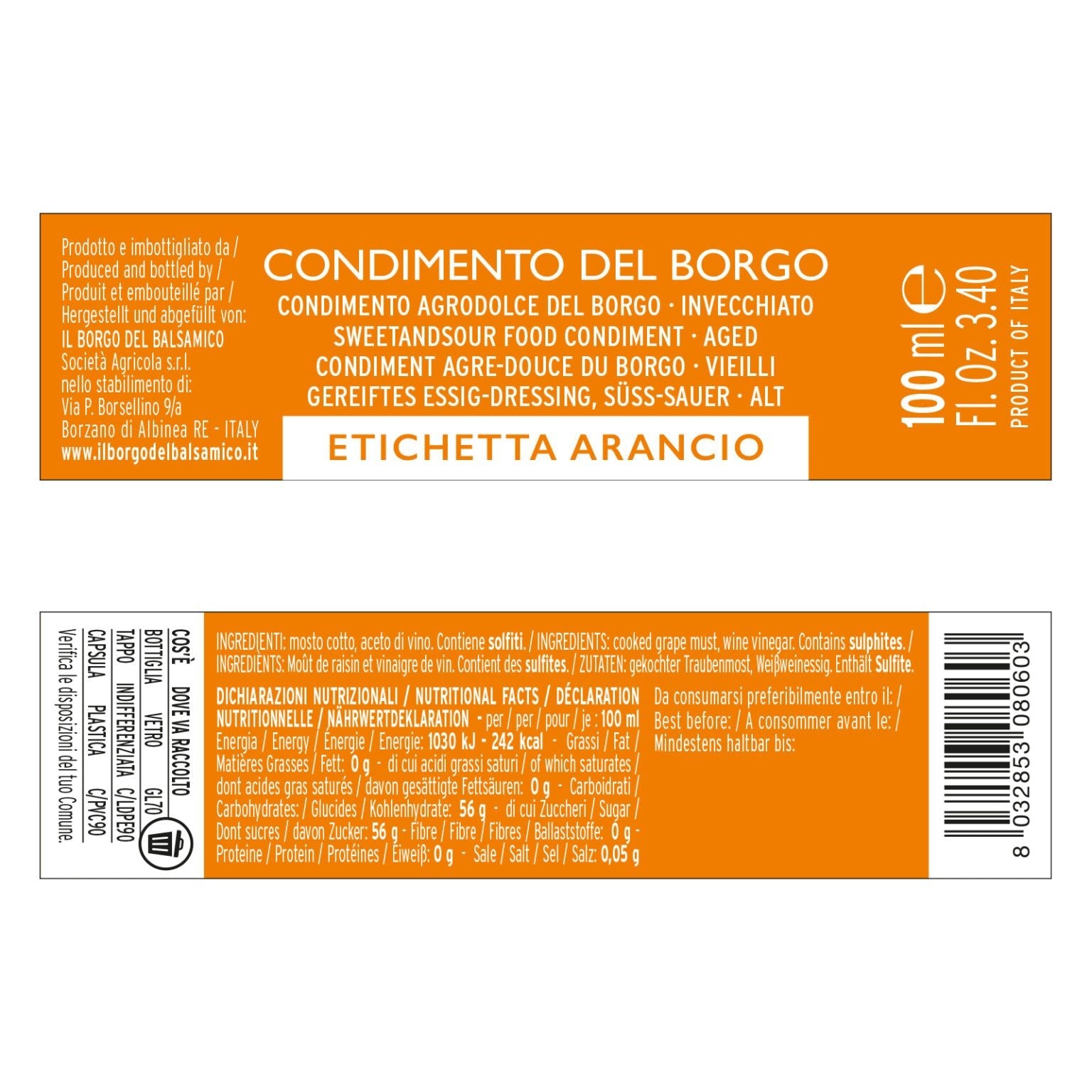 Il Borgo del Balsamico Aged Balsamic Condiment Orange Label Medium Acidity 100ml Feast Italy