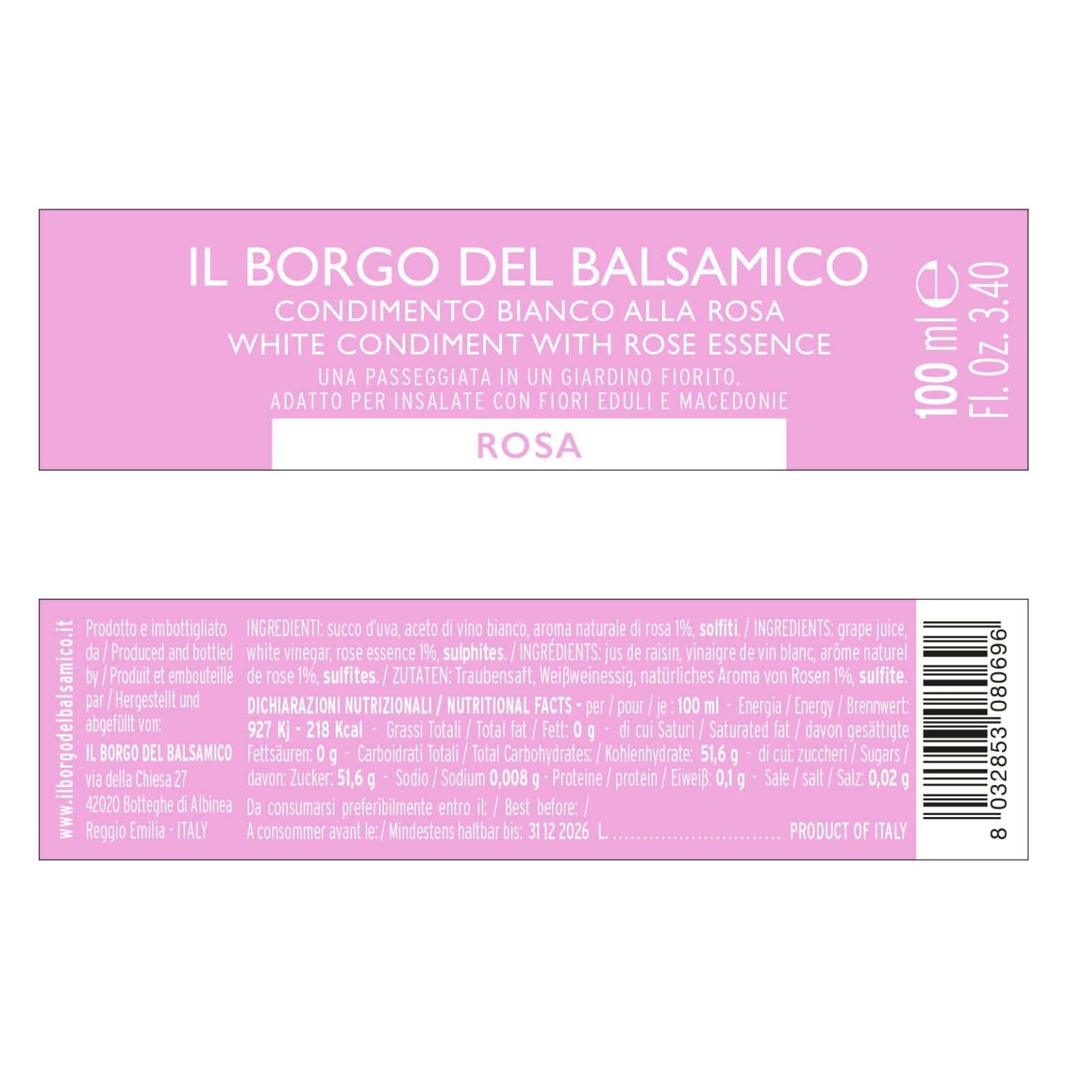 Il Borgo del Balsamico White Vinegar Condiment with Rose Essence 100ml Feast Italy
